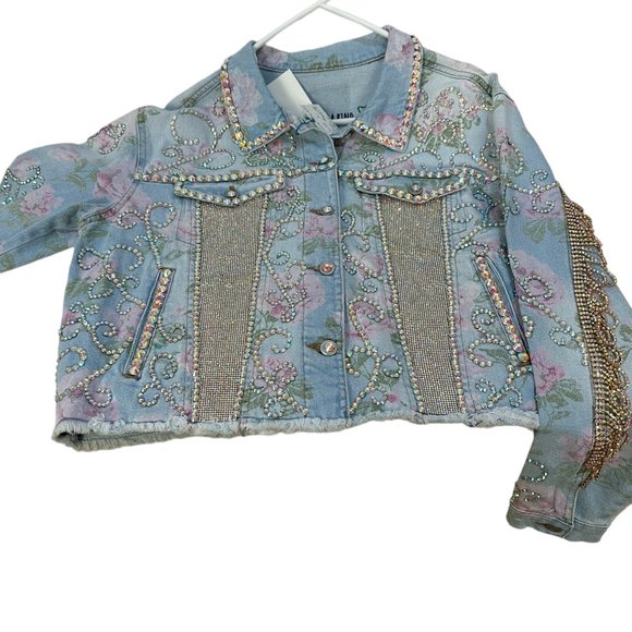 (H-216) Embellished Rose Print Denim Jean Jacket Size L - Picture 1 of 14